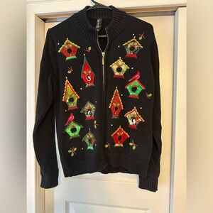 Berek Christmas Sweater Women’s L Birds Beaded Embroidered Holiday Zip Birdhouse
